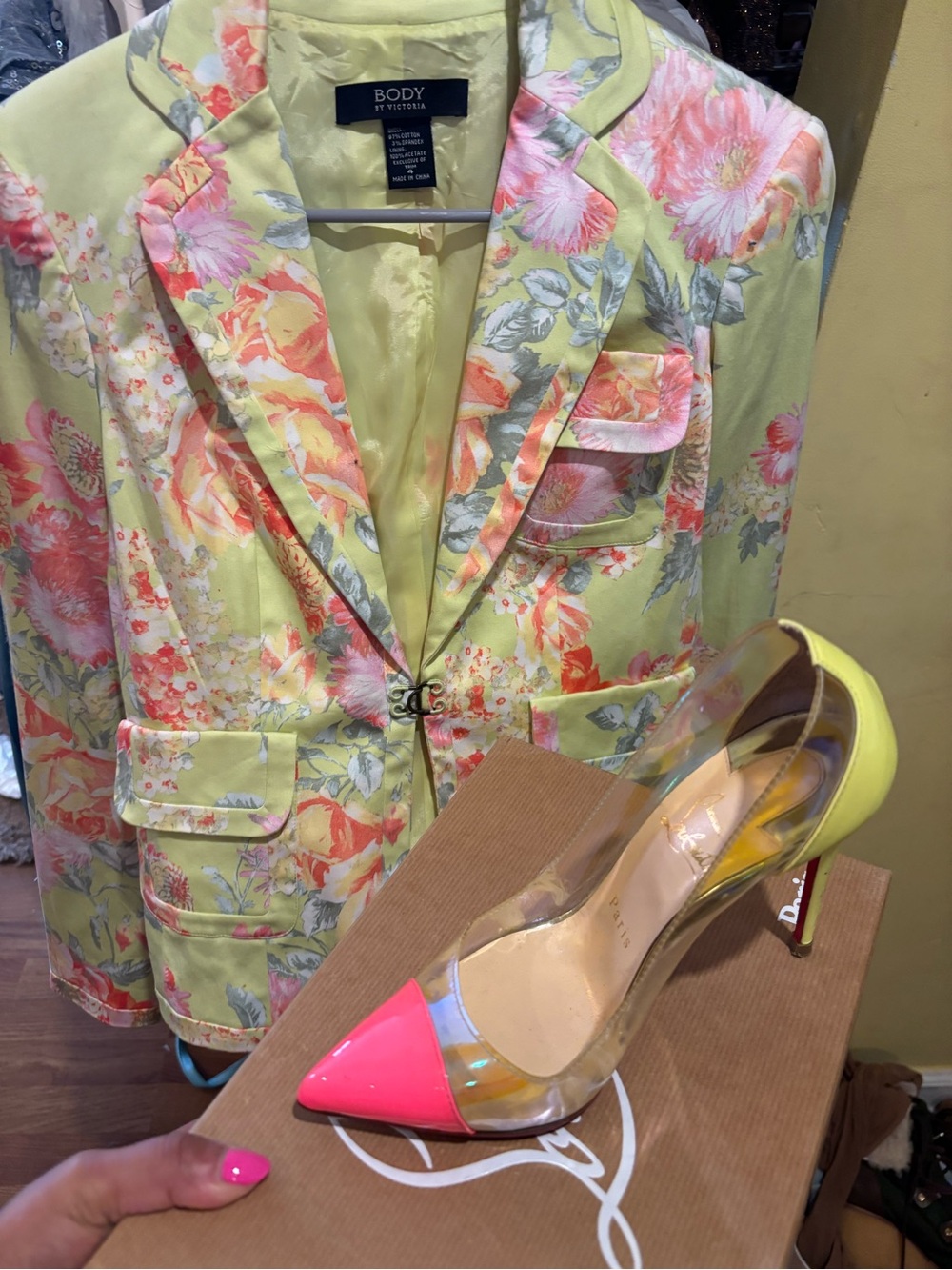 BODY by Victoria Floral Lime Blazer with Christian Louboutin Neon Accent Pumps-